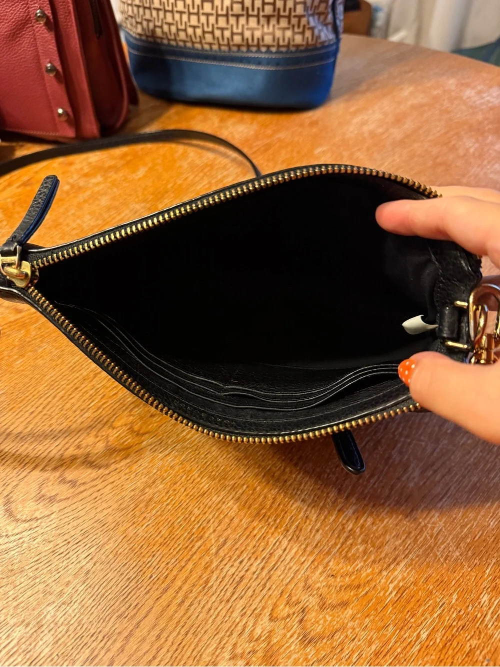 Tory Burch Black Pebbled Leather Wristlet with Gold Logo